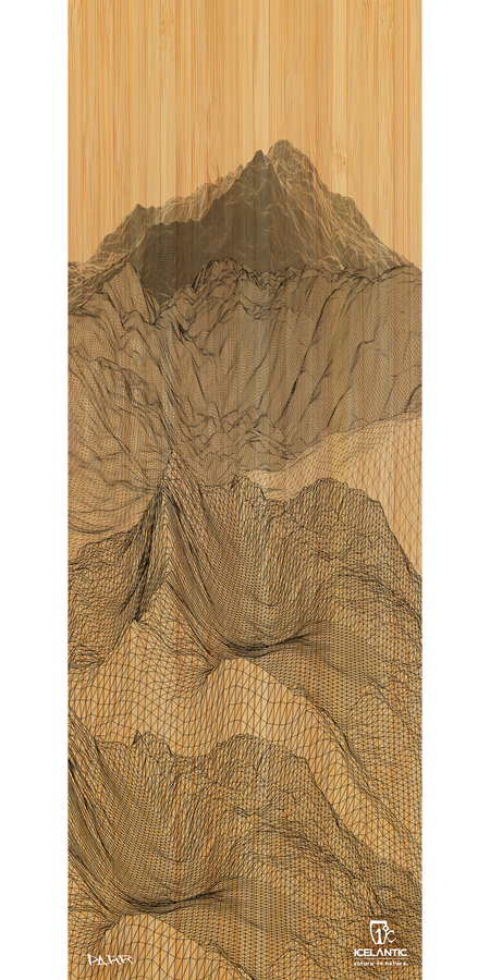 Artistic rendering of mountains on a wooden background, with dark lines creating a geometric wireframe overlay that fuses natural landscape with digital grid patterns. Available as the 18/19 Pioneer 96 Fine Art Print from Icelantic, this piece captures the harmony between nature and technology. The Atlantic logo is displayed in the bottom right corner.