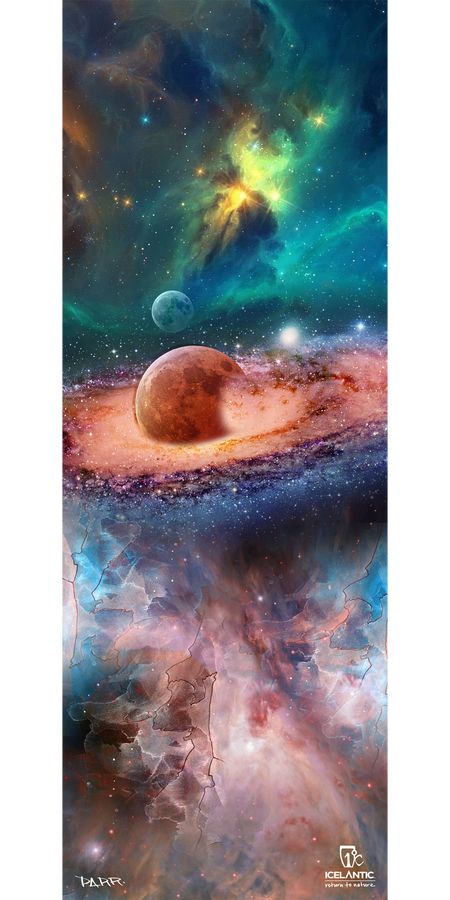 A vibrant, cosmic scene depicting swirling galaxies, colorful nebulae, two planets, and distant stars is beautifully captured in the 18/19 Scout 75 Fine Art Print by Icelantic. This breathtaking artwork is available as a giclee art print or wrapped canvas, with both the Icelantic and artist logos featured in the lower right corner.
