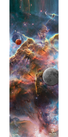 A vibrant cosmic nebula print featuring swirling clouds of gas, two distant planets—one red, one gray—and scattered bright stars. The Icelantic logo and artist's signature are displayed at the bottom. Available as the 18/19 Scout 85 Fine Art Print from Icelantic for those who appreciate premium giclee art prints.