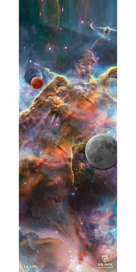 A vibrant cosmic nebula print featuring swirling clouds of gas, two distant planets—one red, one gray—and scattered bright stars. The Icelantic logo and artist's signature are displayed at the bottom. Available as the 18/19 Scout 85 Fine Art Print from Icelantic for those who appreciate premium giclee art prints.