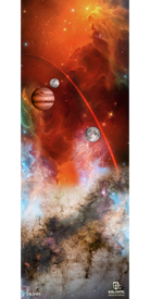 Experience the 18/19 Scout 88 Fine Art Print by Icelantic—a vibrant cosmic scene showcasing red, orange, and blue nebulae, a majestic gas giant, a gray moon, radiant stars, and colorful clouds rendered in exquisite detail. This artwork is available as a giclee print or wrapped canvas fine art print. The Icelantic logo appears at the bottom right.