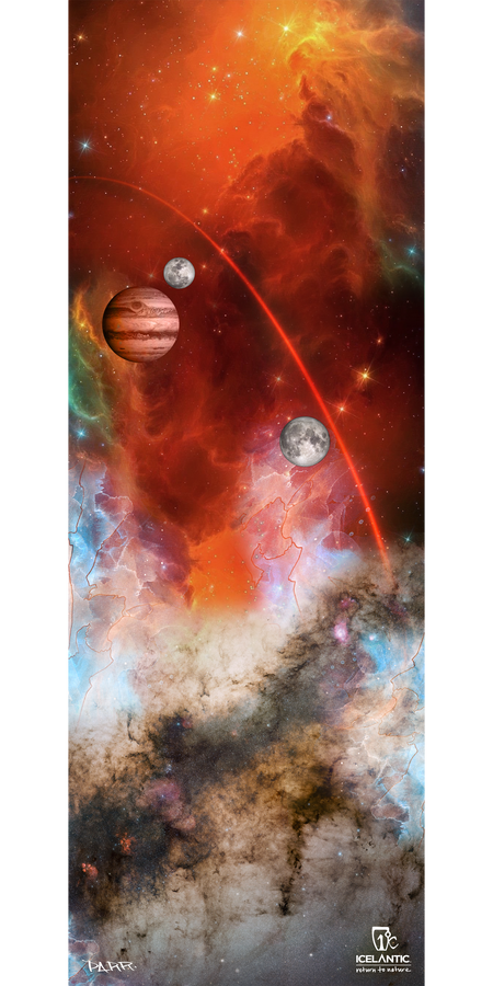 Experience the 18/19 Scout 88 Fine Art Print by Icelantic—a vibrant cosmic scene showcasing red, orange, and blue nebulae, a majestic gas giant, a gray moon, radiant stars, and colorful clouds rendered in exquisite detail. This artwork is available as a giclee print or wrapped canvas fine art print. The Icelantic logo appears at the bottom right.
