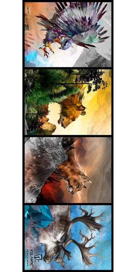 Experience the striking 19/20 Nomad Freeride Fine Art Print by Icelantic Skis—a collection of four dynamic digital paintings featuring an eagle soaring, a wolf in a lush forest, a cougar amid snowy peaks, and a majestic moose with impressive antlers. Each piece showcases vibrant colors and bold, stylized artistry. Available as vivid giclee prints or wrapped canvas fine art prints to bring the beauty of wildlife into your home.