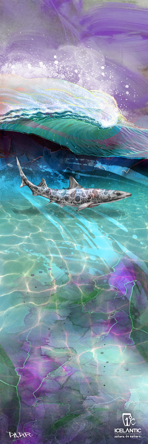 A shark swims near the ocean surface beneath a dramatic, curling wave, illuminated by vibrant reflections of purple, blue, and green. This colorful underwater scene is beautifully captured in the 19/20 Maiden 101 Fine Art Print by Icelantic Skis. Available as a giclee art print or wrapped canvas, this piece showcases the stunning beauty of marine life. The text at the bottom reads "Icelantic Return to Nature.
