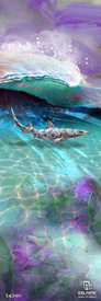 A shark swims near the ocean surface beneath a dramatic, curling wave, illuminated by vibrant reflections of purple, blue, and green. This colorful underwater scene is beautifully captured in the 19/20 Maiden 101 Fine Art Print by Icelantic Skis. Available as a giclee art print or wrapped canvas, this piece showcases the stunning beauty of marine life. The text at the bottom reads "Icelantic Return to Nature.