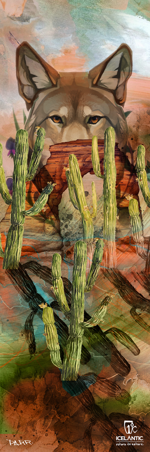 A watercolor-style illustration of a wolf's face forms the background, partially concealed by a bold red scarf and tall green cacti in the foreground. The 19/20 Maiden 111 Fine Art Print by Icelantic Skis is available as a fine art print or wrapped canvas, and features the "Icelantic" name with its logo and the artist Pawz's signature at the bottom.