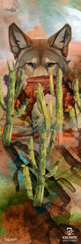 A watercolor-style illustration of a wolf's face forms the background, partially concealed by a bold red scarf and tall green cacti in the foreground. The 19/20 Maiden 111 Fine Art Print by Icelantic Skis is available as a fine art print or wrapped canvas, and features the "Icelantic" name with its logo and the artist Pawz's signature at the bottom.