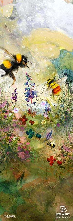 Two bees hover over colorful wildflowers in a vibrant, watercolor-style meadow with green grass and abstract splashes beneath a bright, dreamy sky—beautifully rendered as the 19/20 Maiden 91 Fine Art Print by Icelantic Skis, available as a premium wrapped canvas or stunning giclee print for your home.
