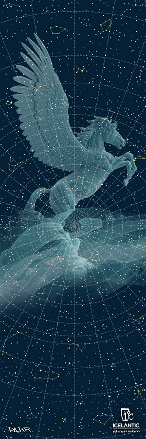 An ethereal Pegasus made of stars leaps upward through a constellation-filled night sky, with faint celestial patterns and lines visible in the background. The 19/20 Mystic 107 Fine Art Print by Icelantic Skis is available as a fine art print or wrapped canvas and features the Icelantic logo at the bottom.