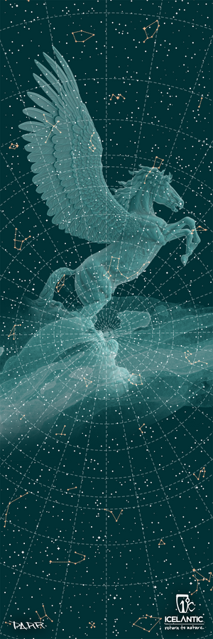 A translucent Pegasus with wings outstretched appears against a star-filled sky, surrounded by constellation lines and dots. The 19/20 Mystic 97 Fine Art Print by Icelantic Skis is available as fine art prints or wrapped canvas giclee, and features the Icelantic Skis logo and signature at the bottom.
