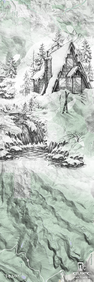 A hand-drawn winter scene of a snowy cabin, trees, skis, and a small waterfall—layered over a light green topographic map—adorns the 19/20 Natural 101 Fine Art Print by Icelantic Skis. This giclee print is available as fine art prints or wrapped canvas and features Icelantic branding at the bottom.