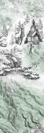 A hand-drawn winter scene of a snowy cabin, trees, skis, and a small waterfall—layered over a light green topographic map—adorns the 19/20 Natural 101 Fine Art Print by Icelantic Skis. This giclee print is available as fine art prints or wrapped canvas and features Icelantic branding at the bottom.