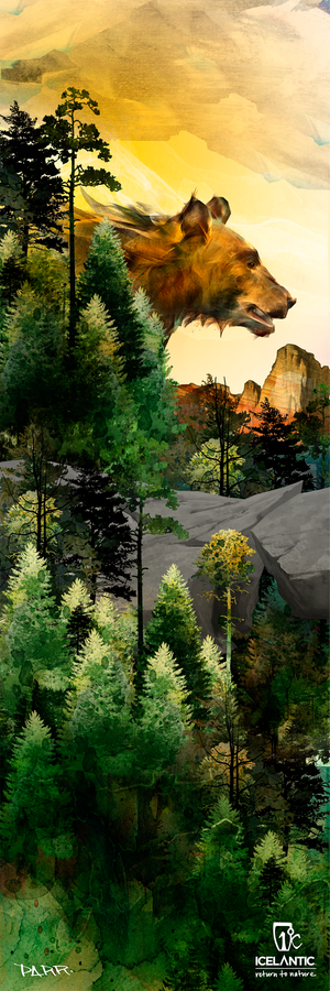 Experience the striking "19/20 Nomad 105 Fine Art Print" from Icelantic Skis, featuring stylized artwork of a bear’s head rising from a forest of tall pine trees with a mountain and yellow sky in the background. This captivating scene is available as a fine art print or as a giclee print on wrapped canvas, and features the Icelantic company logo at the bottom right of the image.