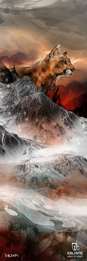 A painterly, surreal fine art print titled "19/20 Nomad 115" by Icelantic Skis, featuring a stylized cougar’s head emerging from snowy mountains beneath a dramatic red and brown sky, with the Icelantic Skis logo displayed at the bottom.