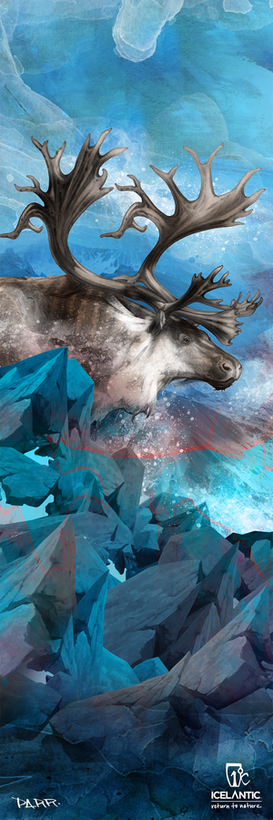 A painted reindeer with large antlers stands among jagged blue ice and rocks beneath a swirling blue sky. This striking scene is featured on the 19/20 Nomad 125 Fine Art Print by Icelantic Skis, perfect for those wishing to bring the wonder of nature into their space. The lower right corner displays both the Icelantic Skis and Return to Nature logos.