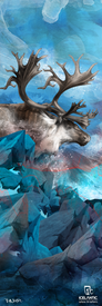 A painted reindeer with large antlers stands among jagged blue ice and rocks beneath a swirling blue sky. This striking scene is featured on the 19/20 Nomad 125 Fine Art Print by Icelantic Skis, perfect for those wishing to bring the wonder of nature into their space. The lower right corner displays both the Icelantic Skis and Return to Nature logos.