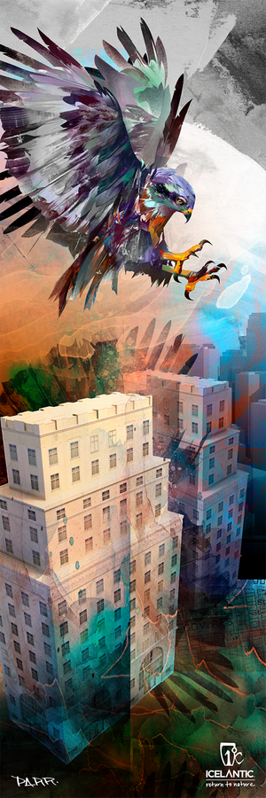Introducing the 19/20 Nomad 95 Fine Art Print by Icelantic Skis—a striking giclee artwork featuring a colorful, abstract eagle with outstretched talons soaring above tall, layered city buildings. Bold brushstrokes and vibrant hues blend the dynamic cityscape with the sweeping sky, creating a captivating composition perfect for fine art prints or a dramatic wrapped canvas display.