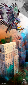 Introducing the 19/20 Nomad 95 Fine Art Print by Icelantic Skis—a striking giclee artwork featuring a colorful, abstract eagle with outstretched talons soaring above tall, layered city buildings. Bold brushstrokes and vibrant hues blend the dynamic cityscape with the sweeping sky, creating a captivating composition perfect for fine art prints or a dramatic wrapped canvas display.
