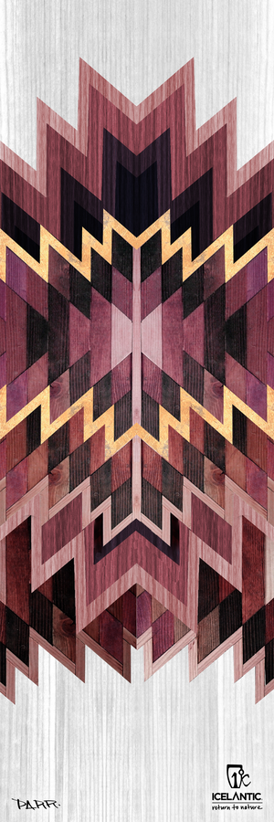 Featuring a geometric, symmetrical pattern of pink, purple, and gold wood textures on a light background, the 19/20 Oracle 78 Fine Art Print by Icelantic Skis is perfect for fine art prints or as an eye-catching giclee print on wrapped canvas. The bottom right corner displays the PARR and Icelantic logos.
