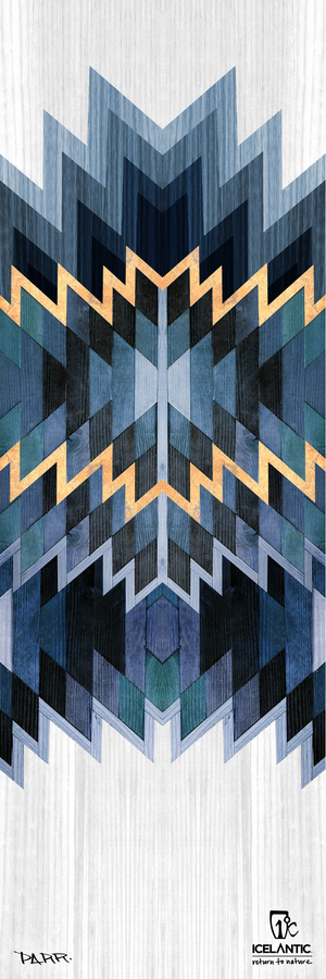 Featuring a geometric ski design with layered zigzag and chevron patterns in blue, gold, and green on a white wood grain background, the 19/20 Oracle 88 Fine Art Print by Icelantic Skis showcases both the “Icelantic” and “TATREEZ” logos at the bottom. This dynamic artwork is ideal for display as a wrapped canvas or fine art print.
