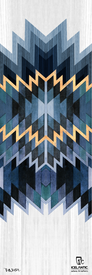 Featuring a geometric ski design with layered zigzag and chevron patterns in blue, gold, and green on a white wood grain background, the 19/20 Oracle 88 Fine Art Print by Icelantic Skis showcases both the “Icelantic” and “TATREEZ” logos at the bottom. This dynamic artwork is ideal for display as a wrapped canvas or fine art print.