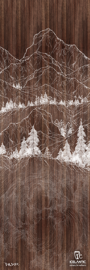 Featuring crisp white line art of mountains and pine trees set against a rich brown wood-paneled background, the 19/20 Pioneer 109 Fine Art Print by Icelantic Skis showcases the Icelantic logo in the lower right corner and the artist’s signature in the lower left. Available as fine art prints or a premium giclee print for a striking, gallery-quality finish.