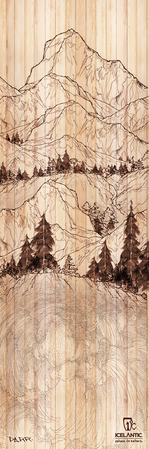 A finely detailed line illustration of a mountain landscape with evergreen trees is etched onto a vertical wooden plank background, showcasing the Icelantic Skis logo and branding in the lower right corner. This artwork, titled the 19/20 Pioneer 86 Fine Art Print, is available as either a fine art print or wrapped canvas, making it an elegant addition to any space.