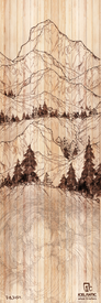 A finely detailed line illustration of a mountain landscape with evergreen trees is etched onto a vertical wooden plank background, showcasing the Icelantic Skis logo and branding in the lower right corner. This artwork, titled the 19/20 Pioneer 86 Fine Art Print, is available as either a fine art print or wrapped canvas, making it an elegant addition to any space.