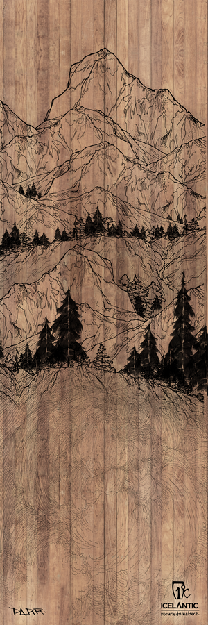 Line art of a mountain landscape, with trees in the foreground and a majestic peak in the background, illustrated on wood. The 19/20 Pioneer 96 Fine Art Print by Icelantic Skis beautifully captures serene beauty with elegant detail—ideal for those seeking a fine art or giclee print. Logos and small text from Icelantic Skis are featured at the bottom.
