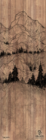 Line art of a mountain landscape, with trees in the foreground and a majestic peak in the background, illustrated on wood. The 19/20 Pioneer 96 Fine Art Print by Icelantic Skis beautifully captures serene beauty with elegant detail—ideal for those seeking a fine art or giclee print. Logos and small text from Icelantic Skis are featured at the bottom.