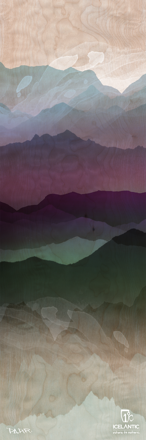 This abstract illustration, titled "19/20 Riveter 85 Fine Art Print" by Icelantic Skis, features layered, multicolored mountains set against a wood-textured background with colors transitioning from brown at the top to purple and green at the bottom. Available as a fine art print or wrapped canvas giclee print, it includes the Icelantic Skis logo and text in the bottom right corner.