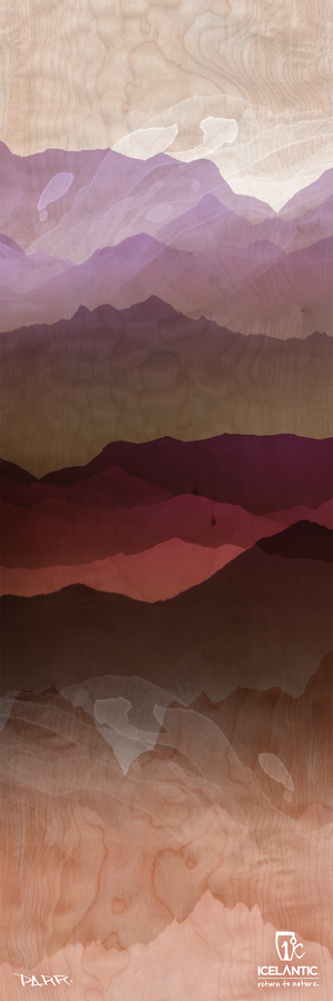 Soft purple, pink, and brown abstract mountain landscape over a wood grain texture, featured on the 19/20 Riveter 95 Fine Art Print by Icelantic Skis. Available as fine art prints or giclee prints on wrapped canvas. Logos and text for Icelantic Skis and artist Parr appear at the bottom.