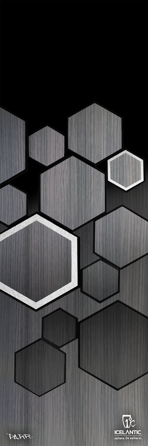 Featuring an abstract design with gray hexagons in various sizes set against a dark background, the 19/20 Sabre 80 Fine Art Print from Icelantic Skis is offered as a premium giclee print or wrapped canvas—ideal for enhancing any room. The bottom features the Icelantic Skis logo and the text "SABRE 80 - Ski for the soul.