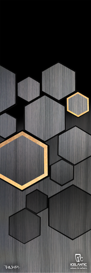 Featuring geometric hexagons in dark wood grain with two highlighted in gold, the 19/20 Sabre 89 Fine Art Print by Icelantic Skis showcases logos for both Icelantic Skis and artist Parr along the bottom against a sleek black background. Available as a fine art print or wrapped canvas, this modern piece adds striking elegance to any space.
