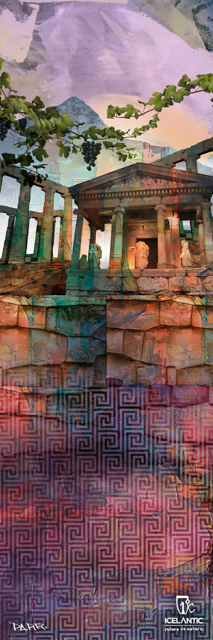 Experience a vibrant, artistic interpretation of ancient stone ruins adorned with columns and statues, accented by geometric patterns and natural motifs. The 20/21 Maiden 101 Fine Art Print from Icelantic Skis is available as a premium art print and features both the Icelandic and artist logos in the bottom corners.