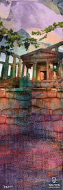Experience a vibrant, artistic interpretation of ancient stone ruins adorned with columns and statues, accented by geometric patterns and natural motifs. The 20/21 Maiden 101 Fine Art Print from Icelantic Skis is available as a premium art print and features both the Icelandic and artist logos in the bottom corners.