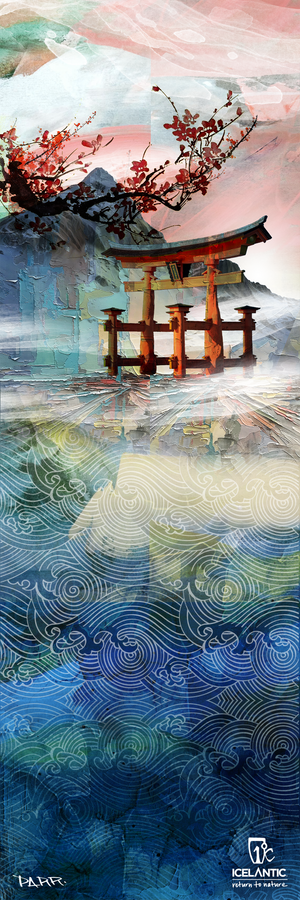 A stylized painting featuring a red torii gate by the water, cherry blossoms, misty mountains, swirling clouds, and abstract blue waves. The 20/21 Maiden 111 Fine Art Print by Icelantic Skis is available as a fine art print or wrapped canvas, capturing serene beauty with vibrant detail. Text at the bottom reads “Icelantic” and “Return to Nature.”.