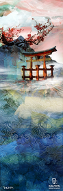 A stylized painting featuring a red torii gate by the water, cherry blossoms, misty mountains, swirling clouds, and abstract blue waves. The 20/21 Maiden 111 Fine Art Print by Icelantic Skis is available as a fine art print or wrapped canvas, capturing serene beauty with vibrant detail. Text at the bottom reads “Icelantic” and “Return to Nature.”.