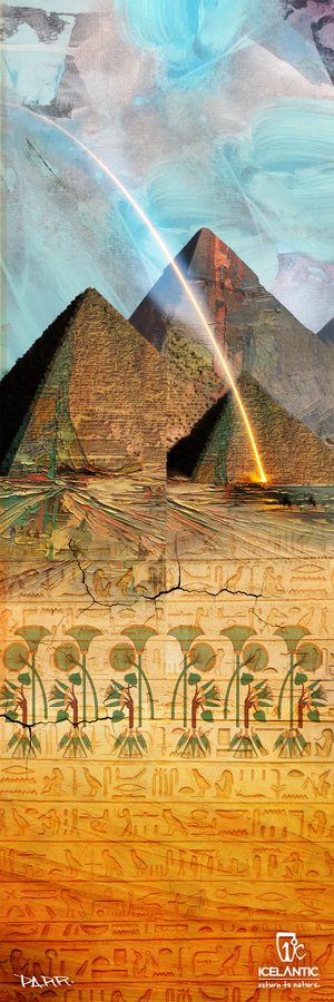 Experience the 20/21 Maiden 91 Fine Art Print by Icelantic Skis, featuring digital artwork of pyramids beneath a vibrant arc of light, stylized clouds, and ancient Egyptian figures and symbols along the bottom. Available as a fine art print or as a stunning giclee print on wrapped canvas. The Icelantic Skis logo is visible in the lower right corner.