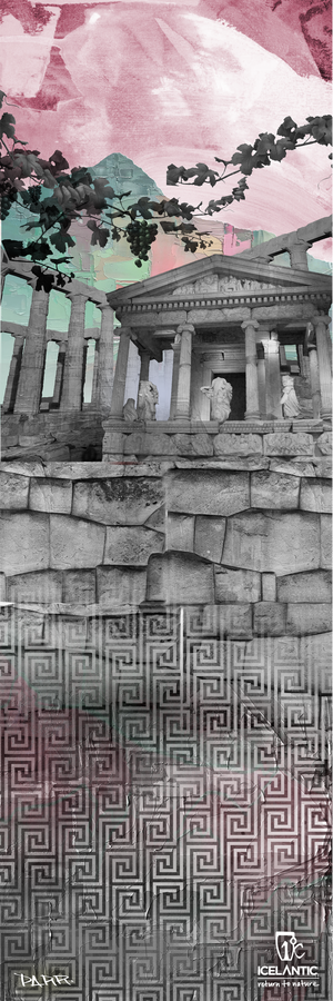 Stylized image of ancient Greek ruins with columns and statues, overlaid with geometric patterns, a pastel sky, and dark leafy silhouettes. The 20/21 Maiden Lite Fine Art Print by Icelantic Skis is available as a fine art print or wrapped canvas giclée; the Icelantic Skis logo appears at the bottom right.