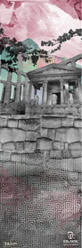 Stylized image of ancient Greek ruins with columns and statues, overlaid with geometric patterns, a pastel sky, and dark leafy silhouettes. The 20/21 Maiden Lite Fine Art Print by Icelantic Skis is available as a fine art print or wrapped canvas giclée; the Icelantic Skis logo appears at the bottom right.