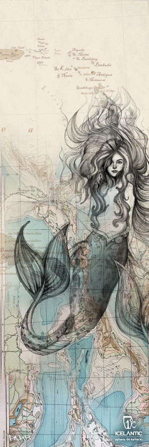 Featuring Icelantic Skis' 20/21 Mystic 107 artwork, this fine art print showcases a hand-drawn mermaid with long, flowing hair seamlessly blending into an antique nautical map of coastlines and water routes. The mesmerizing design creates a mystical and artistic effect, making it a unique addition to any space. Available as high-quality giclee prints or wrapped canvas from Icelantic Skis.