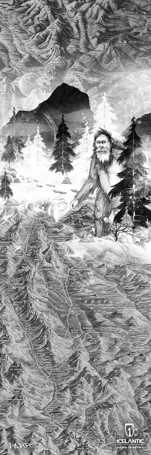 The 20/21 Natural 111 Fine Art Print by Icelantic Skis features a black and white illustration of a mountainous landscape, highlighting a large yeti-like figure among pine trees, accompanied by a labeled map with place names and the Icelantic logo at the bottom right. Available as fine art prints or wrapped canvas, this striking giclee print captures every intricate detail for lasting impact.