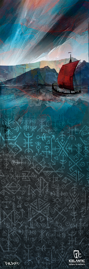 A Viking ship with a red sail glides near a rugged coastline beneath a dramatic sky, as the water seamlessly transforms into Norse-inspired runes and symbols beneath the waves. "Icelantic" and the artist's signature are displayed at the bottom, making this artwork an ideal choice for giclee or stretched canvas prints. This striking scene is featured on the Icelantic Skis 20/21 Nomad 105 Fine Art Print.