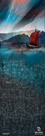 A Viking ship with a red sail glides near a rugged coastline beneath a dramatic sky, as the water seamlessly transforms into Norse-inspired runes and symbols beneath the waves. "Icelantic" and the artist's signature are displayed at the bottom, making this artwork an ideal choice for giclee or stretched canvas prints. This striking scene is featured on the Icelantic Skis 20/21 Nomad 105 Fine Art Print.