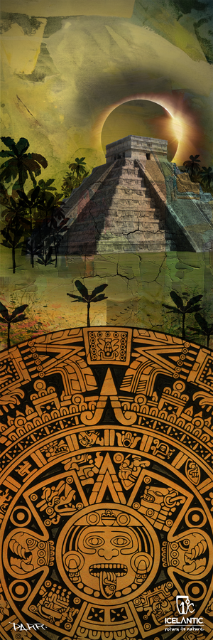 Experience the captivating beauty of the "20/21 Nomad 115 Fine Art Print" by Icelantic Skis: a mesmerizing scene featuring a Mayan pyramid beneath a solar eclipse, framed by palm trees under a dramatic, cloud-filled sky above an ancient Aztec calendar stone. Distinctive logos and subtle text adorn the corners, making this print an exceptional choice for anyone seeking unique fine art wall decor.