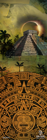 Experience the captivating beauty of the "20/21 Nomad 115 Fine Art Print" by Icelantic Skis: a mesmerizing scene featuring a Mayan pyramid beneath a solar eclipse, framed by palm trees under a dramatic, cloud-filled sky above an ancient Aztec calendar stone. Distinctive logos and subtle text adorn the corners, making this print an exceptional choice for anyone seeking unique fine art wall decor.