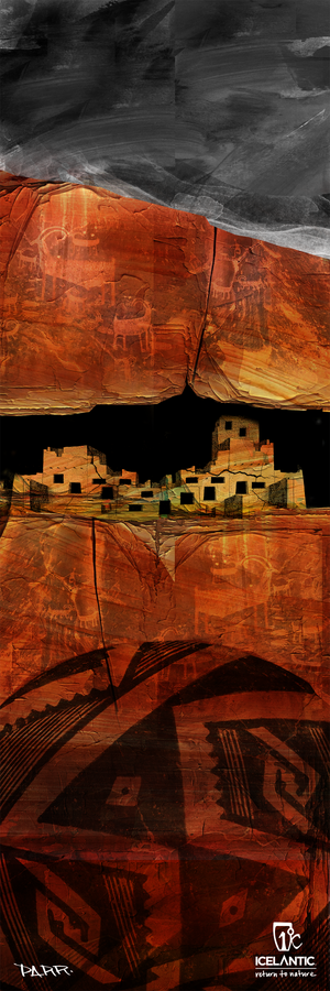 Experience the “20/21 Nomad 95 Fine Art Print” from Icelantic Skis, a captivating depiction of a desert landscape with ancient ruins, dramatic red rock cliffs adorned with petroglyphs, a shadowy sky above, and bold geometric patterns below. Available as premium giclee art prints or wrapped canvas, each piece features the Icelantic Skis name and logo in the bottom right corner.