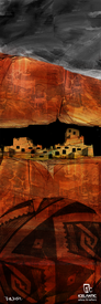 Experience the “20/21 Nomad 95 Fine Art Print” from Icelantic Skis, a captivating depiction of a desert landscape with ancient ruins, dramatic red rock cliffs adorned with petroglyphs, a shadowy sky above, and bold geometric patterns below. Available as premium giclee art prints or wrapped canvas, each piece features the Icelantic Skis name and logo in the bottom right corner.