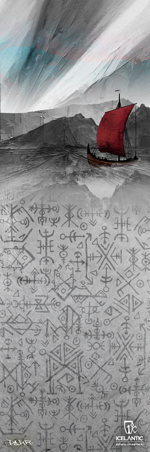 A Viking ship with a red sail travels across gray waters beneath a stormy sky, Icelandic runes covering the lower half. The Icelantic Skis logo appears in the bottom right corner. This dramatic scene is featured on the 20/21 Nomad Lite Fine Art Print by Icelantic Skis, available as a fine art print or wrapped canvas giclee print.